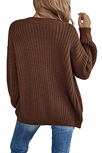 Women's Button Up Drop Shoulder Chunky Sweater Cardigan Open Front Long Sleeve Knitwear Coat Brown #TOP1