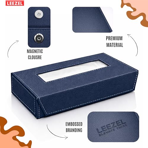 Image of LEEZEL| Tissue Box Holder with 100 Pulls Cotton Rags Tissue | Handcrafted Fine Leather - Like Finish | for Gifting, Office Desks, Cars & Home Decor | Durable & Water Resistant. (Blue)