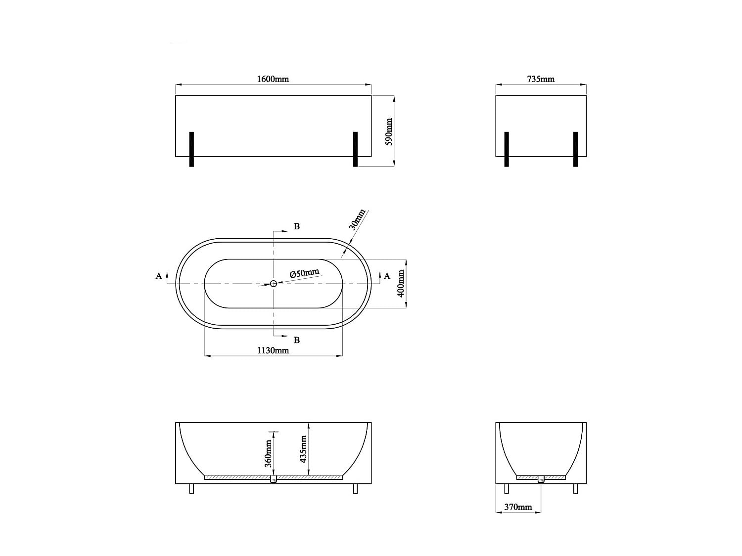 Vente-unique-Freistehende Badewanne oval - mit goldfarbenen Füßen - Weiß - 160 x 73,5 x 59 cm - ALONSA