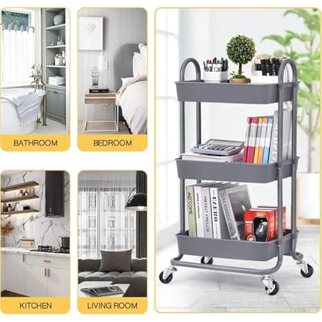 ´¢Îï³µ 3-Tier Locking Wheel Utility Cart - Mobile Storage Organizer with Brake Casters, Versatile Serving Trolley for Kitchen, Living Room, Office, Home Use, Heavy Duty Rolling Organizer-Q2xWyojQ