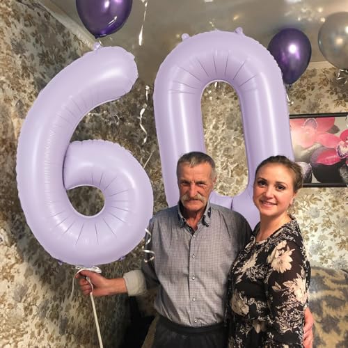 Image of Dusty Purple 60th Birthday Balloons for Women, 40 Inch Light Purple Foil 60 Number Balloons Self Inflating, Pastel Lilac Birthday Balloons Numbers 6 and 0 for 6th 60th Anniversary Party Decorations
