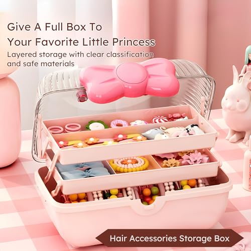 Image of KiZY Girl Kid Hair Accessories Storage Box | Hair Ties-Clips, Bow-Ribbon-Headband, Jewelry Organizer | Portable Case | Available in Multiple Design-Color. (Pack of - 2, Kid Pink)
