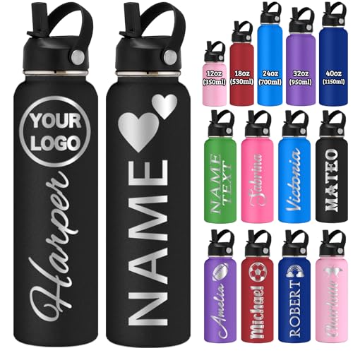 Personalised Water Bottle Engraved with Name Logo Customised 350/530/700/950/1150ML Stainless Steel Double-Wall Insulated Water Bottles with Straw Lid Handle Gifts for School Sport Office