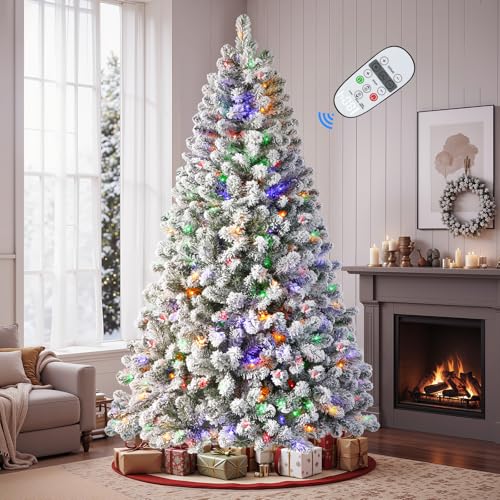 SHareconn 7ft Pre-Lit Flocked Spruce Artificial Hinged Christmas Tree with Remote, Timer and 400...