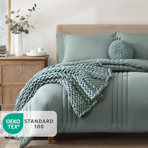 Image of Monbix Super King Size Comforter Set - 7 Pieces Sage Green Bed in a Bag Super King Bedding Sets with Comforters, All Seasons Comforter Bed Set with Sheets,Pillowcases & Shams