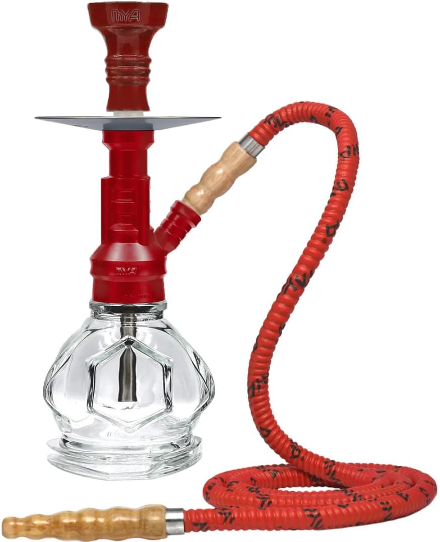 MYA GOLAZO Hookah with Flag Design, Red Stem, Glass Base with Wooden Handle Leather Hose and Metal Plate