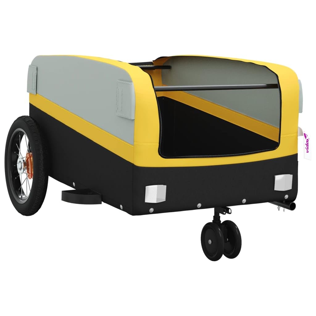 Remolque de bicicleta negro de hierro con capacidad de carga, 122 x 52,5 x 42, barra de tracción y bandera de seguridad, ideal para transporte de equipaje, compras, niños, perros y actividades