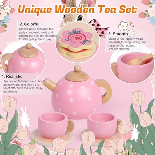 Image of Wooden Tea Party Set for Little Girls, Toddler Girl Gifts Princess Tea Time Toys, Wooden Tea Set Food Dessert, Kids Kitchen Pretend Play, Birthday Valentines Day Gifts for Girls Age 2-5 Years Old