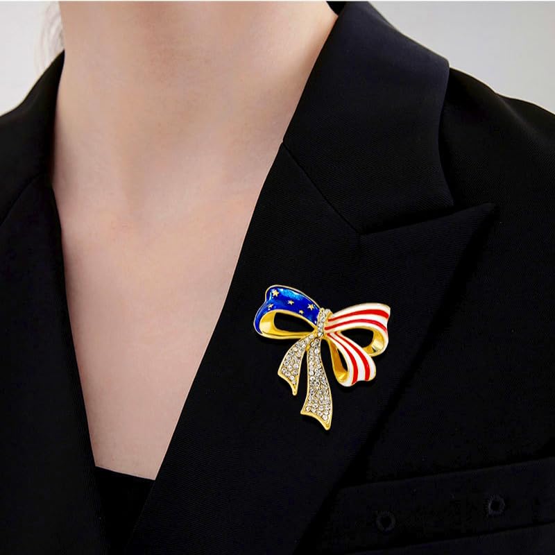 Image of Rhinestone Bowknot USA Flag MAGA Brooch Pin for Women Gold Plated Fashion Crystal Star Blue Red American Patriotic Medal Brooches Dress Accessories Independence MAGA Presidential Election Day