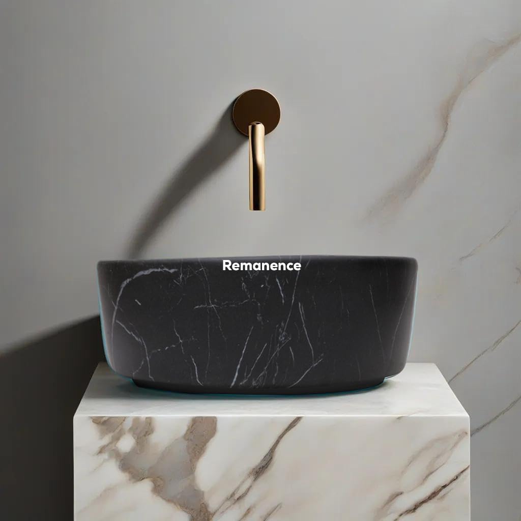 REMANENCE Round Countertop Wash Basin | Designer Table Top Bathroom Basin Sink | Vessel Sink Wash Basin Over Counter for Bathroom, Hotel, Home Living Room (12.5 x 12.5 x 5 Inch) (Black Whie Stripe) 2