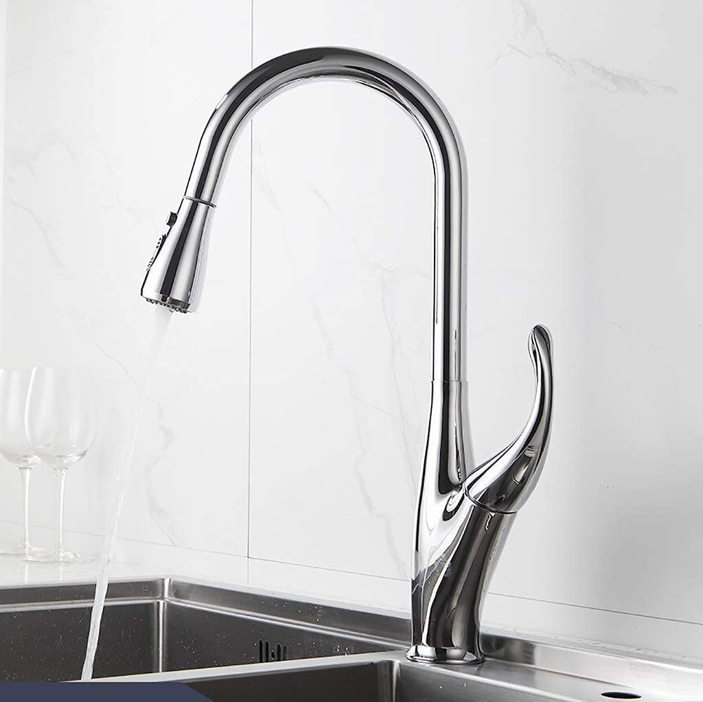 Rubinetto per l'acqua, Rubinetti per la Cucina, Argento Maniglia Singola Estraibile Rubinetto per la Cucina Maniglia monoforo Girevole a 360 Gradi Rubinetto per lavello Waterxer/CR