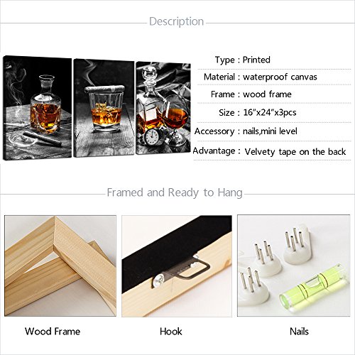 Sechars - Canvas Prints Wall Art,Cigar Whisky Canvas Wall Art,Liquor Still Life Painting Picture Giclee Print On Canvas,Framed And Ready To Hang,Modern Kitchen Room Pub Wall Decor - 48"X24"Overal #TOP5