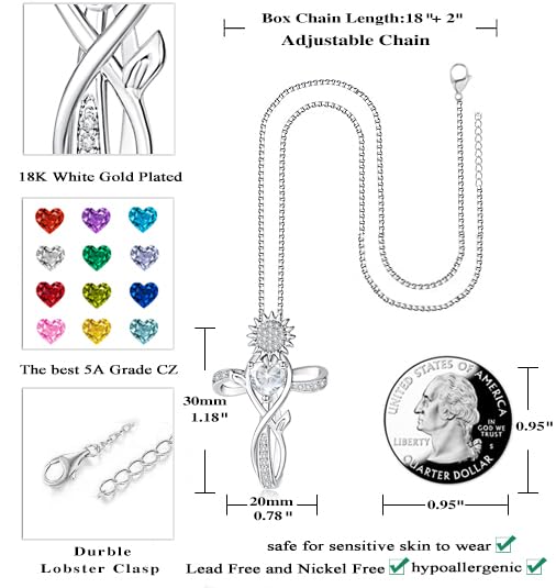 HeartMelody Birthstone Cross Necklace for Women Gold, Wedding Anniversary Birthday Sunflower Necklaces Gifts for Wife Her,Mom,14 K /18K White Gold Infinity Necklaces Womens Christian Everyday Jewelry with Heart Pendant4