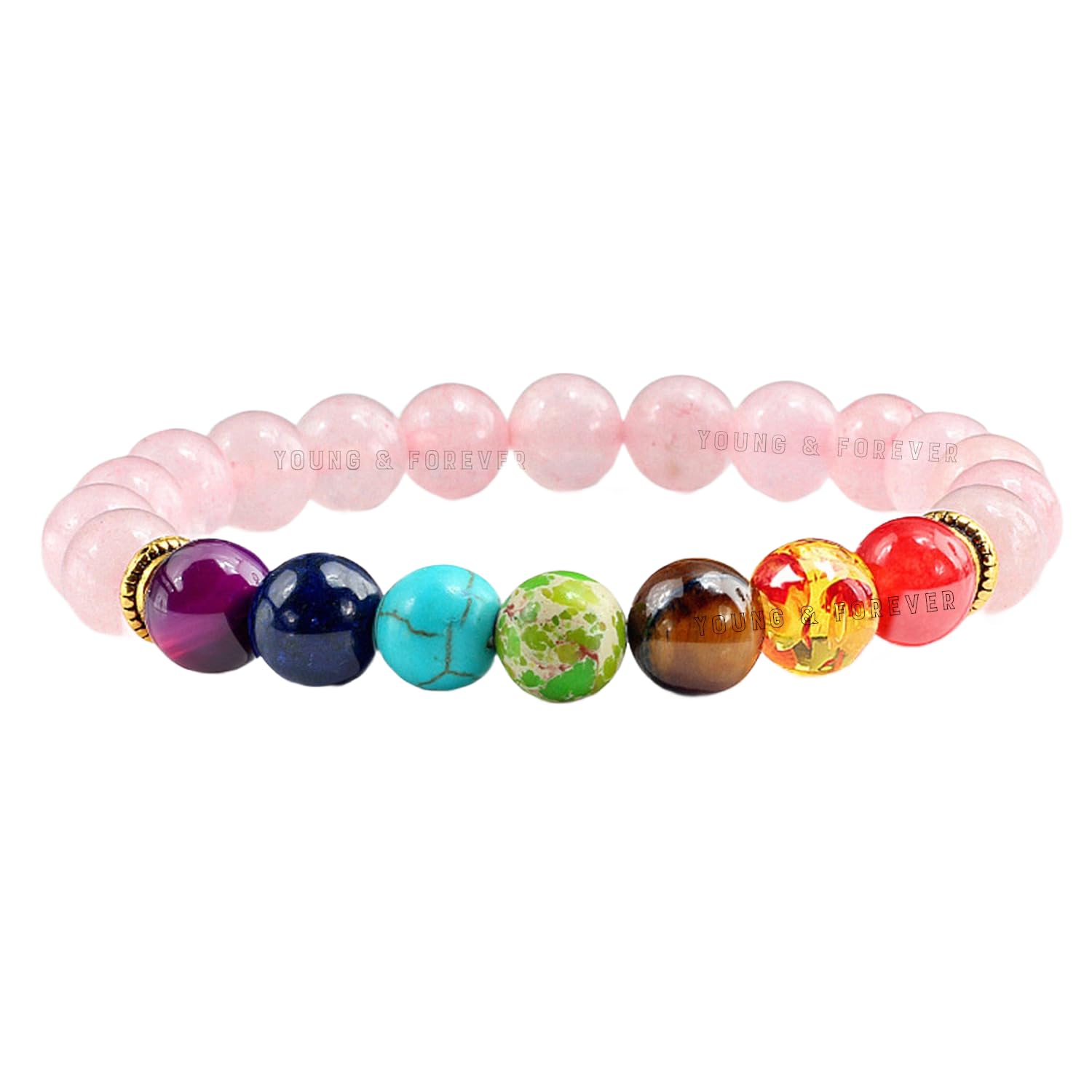 Young & Forever Gift D'Vine 7 Chakra Certified Natural Stones Reiki Healing Meditation and Protection 8-9mm Crystal Beads Multicolor Bracelet for Men and Women