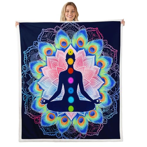feelingyou Manta de forro polar de chakra de yoga, tamaño gemelo, mandala, exótica, étnica, manta de flores para niños y niñas, colorida, pluma de pavo real, decoración del hogar para oficina