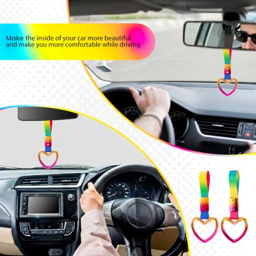 Image of 2PCS Heart Shaped Car Handle Straps, Rear Bumper Warning Keychain Ring for Car Exterior Accessories (Chrome Rainbow Heart - Rainbow)