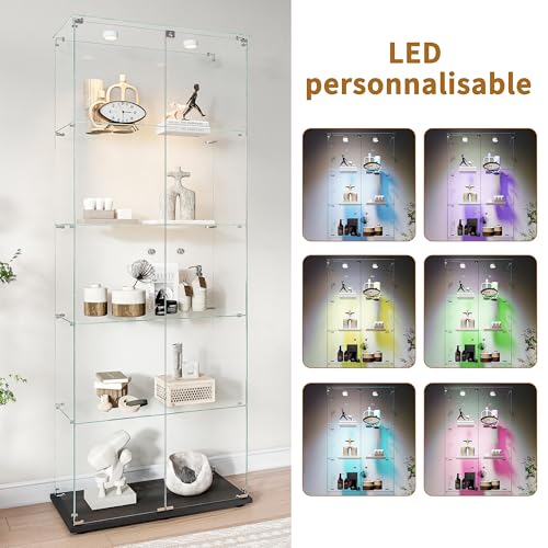 Miniatura 3 de Timorwtf - Vitrina De Cristal Con Led, Armario Para Colección, 2 Puertas Con Cerradura, 5 Estantes Ajustables, 186 X 78 X 34 Cm, Color Negro