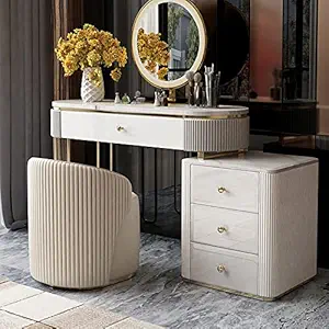 Vandana Interiors Modern Makeup Vanity Table with Side Cabinet 4 Drawers & Marble Top in White