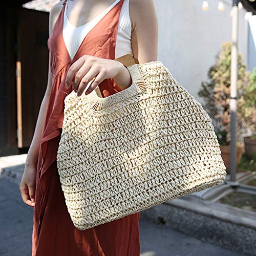 Bolso tote de paja con asa de madera para mujer, bolso tejido tipo hobo para verano, playa y viaje (café) miniatura 4