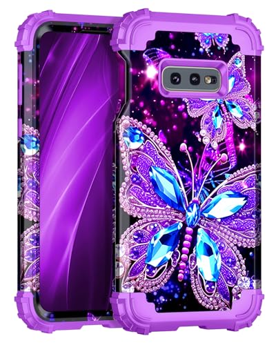 Miqala Compatible with Galaxy S10E Case,Glow in The Dark Three Layer Heavy Duty Shockproof Protection Hard Plastic Bumper+Soft Silicone Case for Samsung Galaxy S10E,Dark Butterfly