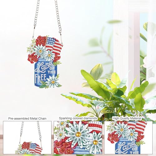 Image of 4th of July Diamond Art Painting Hanging Kit Independence Day Vase, 5D Acrylic Crystal Rhinestones Diamond Art Pendant with Flower and Flag Diamond Art Ornament for Door Wall Window Home Decor