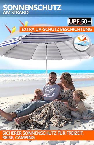 4smile Strandschirm SunnyJoy, Ø 180 cm Blau-Weiß - UPF 50+ Sonnenschirm Strand mit Hülle, Sonnenschirm Balkon - Strandschirm windfest stabil, platzsparender Balkon Schirm als Ersatz für Kurbelschirm 4