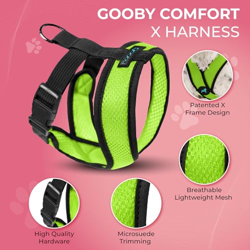 Image of Gooby Comfort X Head-in Dog Harness, Choke-Free, Green, Medium | Patented choke-free X-frame; Secure head-in fit; Lightweight breathable mesh; Back metal D-ring; Machine washable