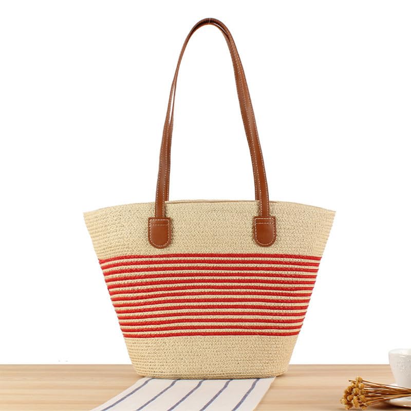 Bolso Tote de Paja para Mujer Rojo-Beige 42x12x28 cm miniatura 4