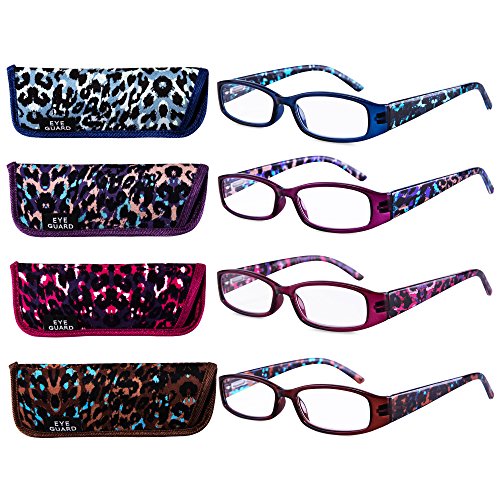 EYEGUARD Reading Glasses 4 Pairs Quality Spring Hinge Stylish Leopard Designed Womens Glasses for Reading 4 Colors