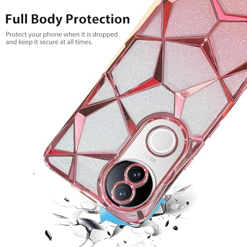 Image of VONZEE Gradient Glitter Case for VIVO V50e, Luxury Electroplated 3D Cube, Diamond Bling Shiny Soft TPU Clear Shockproof Women Girls Protective Phone Cover (Rose Gold)