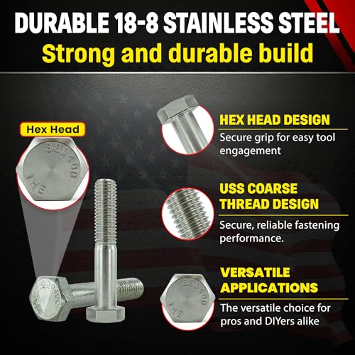 Image of Chenango Supply 5 /8-11 x 3-1 /2 inch Stainless Steel Hex Head Bolts - 304 Stainless, USS Coarse Thread, 100,000-125,000 PSI Tensile Strength, Corrosion-Resistant Hardware Bolts, (10 Pieces, 5 /8-11 x 3.5)