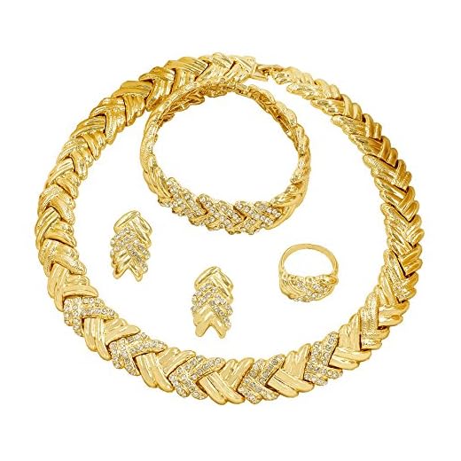 LIFFLY Fashion Crystal Jewelry Set for Women, Gold Plated Jewelry for Weddings, Dubai Gold Necklace Earrings Set