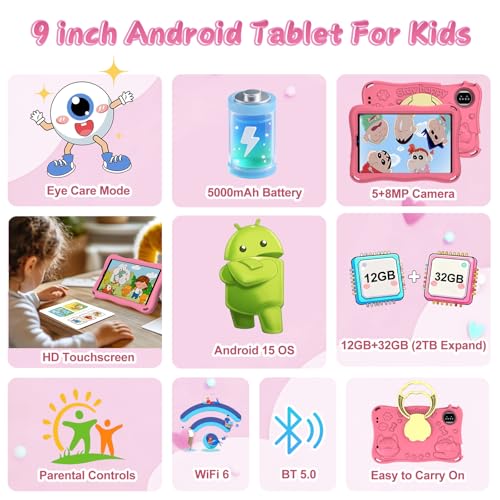 Image of Kids Tablet, Android 15 Tablets for Kids with Octa-Core, 9 inch Toddler Tablet with 12GB 32GB 2TB Expand, 1340*800 IPS Display, Drop-proof EVA Case, Parental Control, Dual Camera, WiFi 6 - Pink
