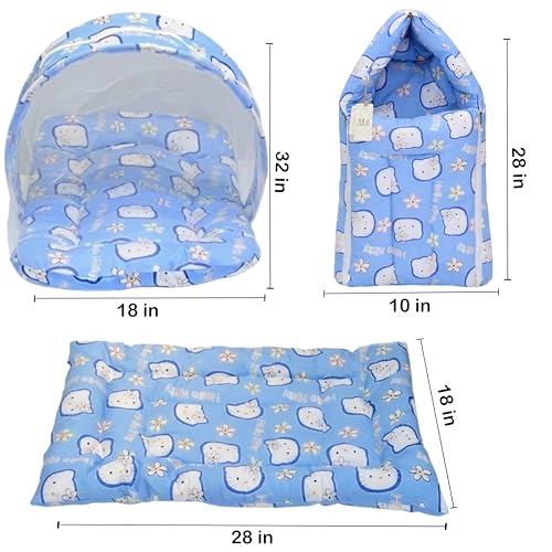 Image of Fareto Combo of Baby Mattress with Net | Carry Bag | 4 Pcs Bedding Set(0-6 Months) (Blue)