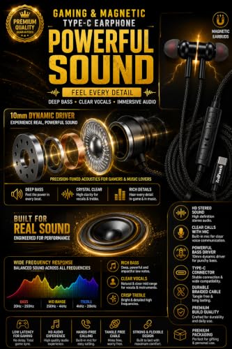 Image of Gaming Type-C Wired Earphone with Mic, 10mm Dynamic Bass Driver, Magnetic in-Ear Headphones, Low Latency Sound for Gaming, 3 Button Control, HD Calling, Voice Assistant (Deep Black)