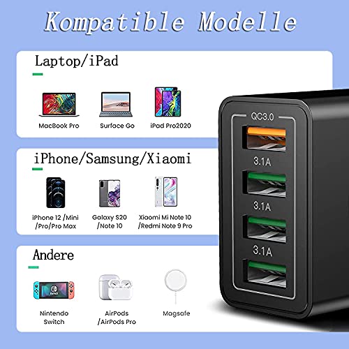 USB-Ladegeraet-33W-QC-30-USB-Netzteil-High-Speed-ladeadapter-4-Port-Schnellladegeraet-Mehrfach-USB-ladestecker-fuer-Samsung-Galaxy-A51-A50-S21-S20-S10-S9-S8iPhone-13-12-11-Pro-XR-XHuawei-P30-P20
