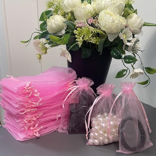 Image of SIAGCRAW Organza Bags 4 inchx6 inch, 100Pcs Small Mesh Drawstring Pouches | Pink Organza Bags for Jewelry, Candy, Party Favors, Small Sachet Wrap, Storage Supplies