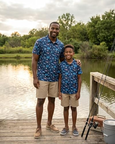Image of Unique Baby Boys Daddy and Me Matching Fish Pattern Polo Shirt