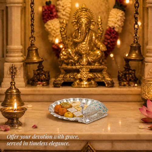 Image of Diviniti German Silver Peacock Decorative Bowl with Blue Enamel Design | Luxury Silver Plated Dry Fruit & Sweet Serving Tray for Home Decor, Dining Table, Festive Gifting with Box Wedding Decor Style.