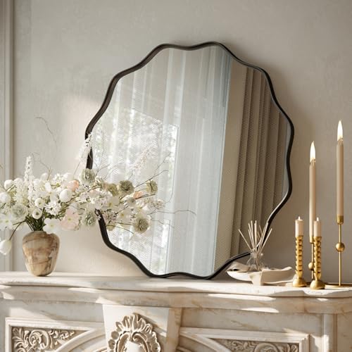 Image of VooBang Black Scalloped Circle Mirror 20 inch Wavy Edge Round Wall Mirror