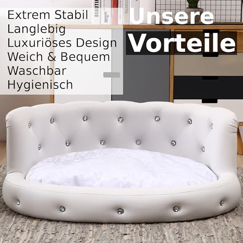 DaMi Luxus Hundebett I Premium Hundeschlafplatz mit großen Strasssteinen, Hundekissen Hundematratze Dogbed waschbar, Hundezubehör Hunde Dog Bed Bett Matratze Körbchen, 35x73x63 cm Oval Weiß