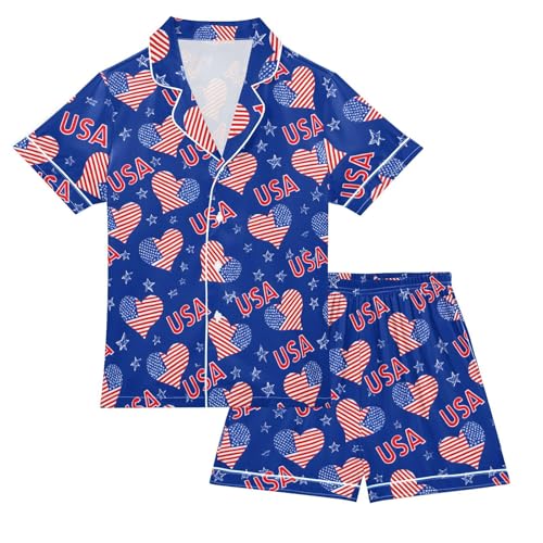 Heart Flag Pattern Pajamas Sets Short Sleeve Silk Stain Pjs Button Down Sleepwear for 5-14Y