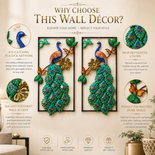 Image of SHREE 'O' GREEN TECH - Modern Multicolor Peacock Wall Decor with Vibrant Feather Artwork Floral Accents and Decorative Leaves for Living Room Bedroom Hallway Home Interior (Set of 2)