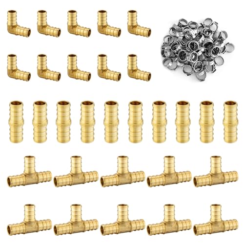 100 Pack Foskan 1/2 Inch PEX Brass Fittings Set, 10 PCS Each Elbows Tees Straight Couplings,With 70 PCS Clamp rings,PEX Crimp Barb Fitting Kit