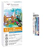 Tombow ABT-12P-1 Lot de 12 Feutres pinceau à 2 pointes, couleurs primaires & Marqueur double pointe noir/gris WS-TBS Tombow Fudenosuke
