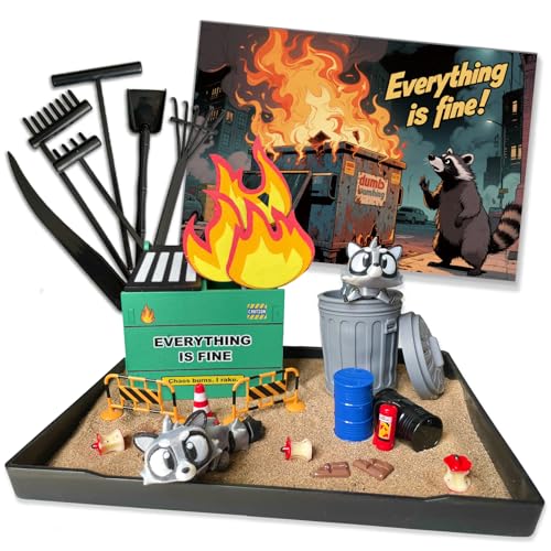 Threeheng Dumpster Fire Zen Garden Desk Set - Trash Can & Raccoon Figurines Sand Tray Therapy Kit, Stress Relief Accessories for Office Gifts