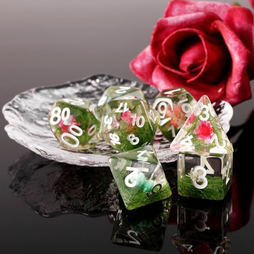 Resin DND Dice Set Handmade Flower D&D Die Filled with Flowers and Grass for D&D Dungeons and Dragon Tabletop Games