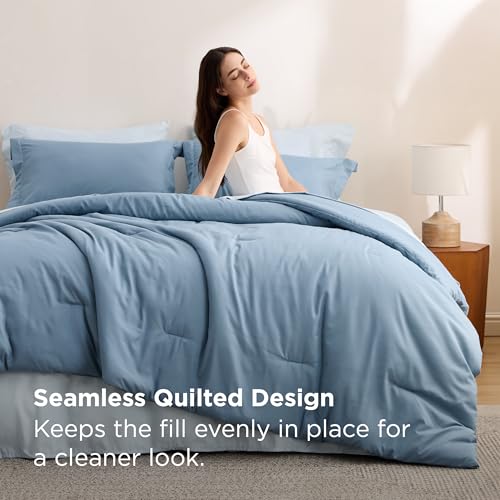 Image of Bedsure Queen Comforter Set - 7 Pieces Grayish Blue Queen Bedding Set for All Seasons, Boho Contrasting Design Bed in a Bag with Comforter, Sheets, Pillowcases & Shams