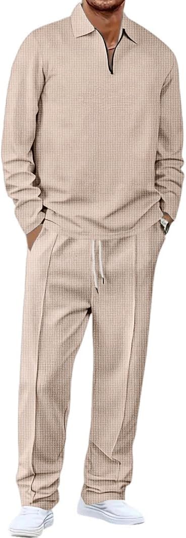 Men’s Waffle-Check Co-Ord Set | Self-Textured Collar Top | Drawstring Jogger Pants | Cotton-Blend Loungewear/Night-Suit | Casual Travel & Streetwear Two-Piece