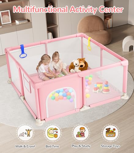 Image of Dripex Baby Playpen, 50 inchx50 inch Small Play Pen for Babies, Pink | Breathable Visible Mesh, Anti-Fall Design, Easy Setup, Indoor /Outdoor Use